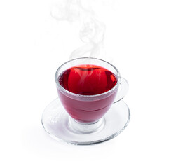 Cup of hibiscus tea isolated on white background