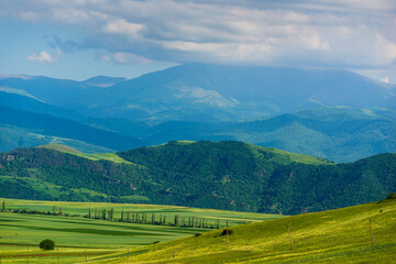 Alpine landscape with village and field, Armenia