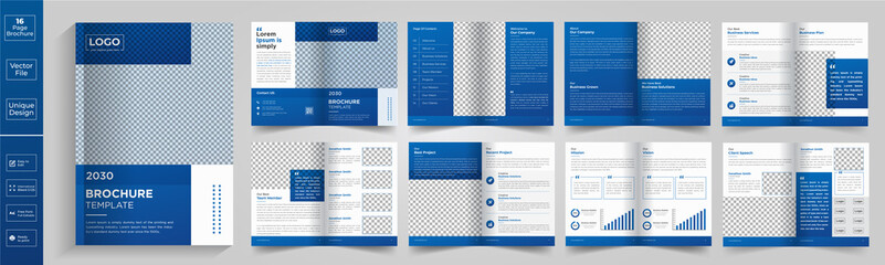 Corporate theme 16 pages business company profile brochure design, Minimal & clean geometric design of a 16-page blue color template for brochure, A4 16 Page Brochure Template