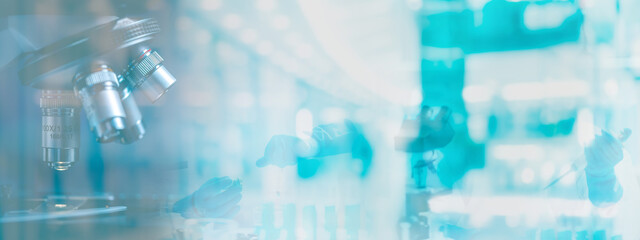Banner panorama background, health care researchers working in science laboratory, medical science...