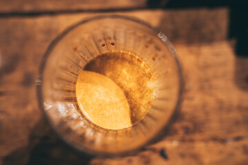 coffee cafe concept, professional barista making espresso coffee hot drink with vintage machine, hand beverage with milk cup for morning breakfast, business of slow bar caffeine shop