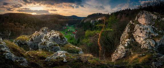 Panoramic view from the limestone peak to Pradnik Valley at the sunset. Ojcowski National Park