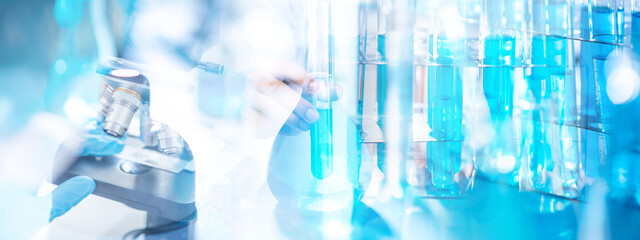 Banner panorama background, health care researchers working in science laboratory, medical science...