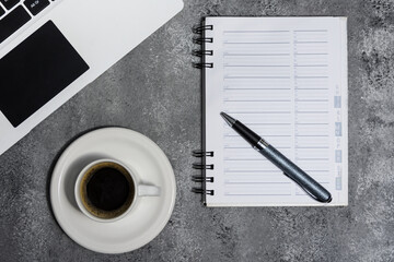 background, black, blank, business, coffee, computer, concept, cup, desk, desktop, gray texture, keyboard, laptop, note, paper, pen, pencil, technology, topview, white, work, workplace, workspace