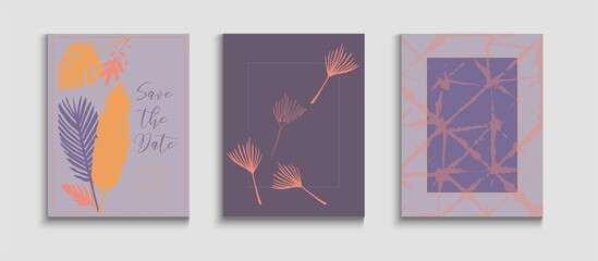 Abstract Retro Vector Posters Set. Tie-Dye, Tropical Leaves Covers.