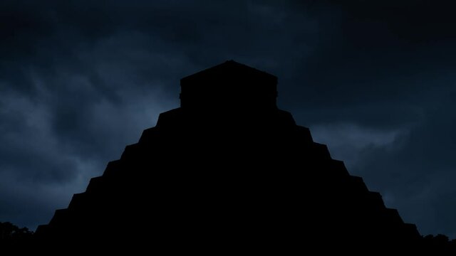 Lightning and Thunderstorm Flash Over Silhouette of Mayan Pyramid in Chichen Itza, Mexico