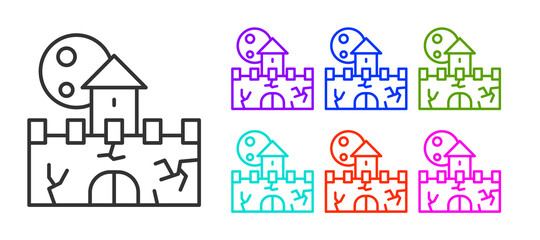 Black line Castle icon isolated on white background. Medieval fortress with a tower. Protection from enemies. Reliability and defense of the city. Set icons colorful. Vector