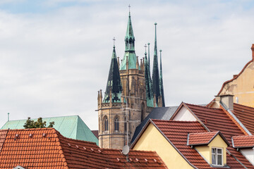 View over the red roofs to the towers of the cathedral in Erfurt