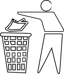 Do not litter sign. Silhouette of a man, throwing garbage in a bin, isolated on white background. Icon vector