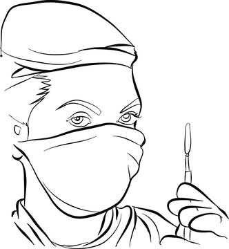 surgeon holding scalpel, black and white clip art preview