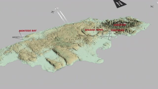 Seamless looping animation of the 3d terrain map of Jamaica with the capital and the biggest cites in 4K resolution