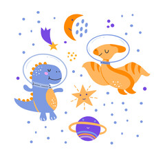 Fototapeta na wymiar Image of cute cartoon dinosaurs in cosmos, vector graphics, on a white background. For the design of postcards, posters, prints for t-shirts, mugs, notebook covers, posters, postcards, banners
