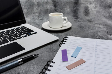 white computer, posit, coffe cup