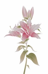 Lily flower illustration. Vintage. Hand drawn. Pink lily isolated on white
