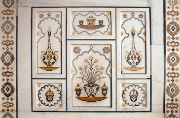 Details of marble surface with stone inlay of Itimad-Ud-Daulah tomb in Agra, Uttar Pradesh, India....