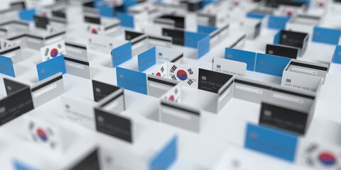Fictional credit card maze with flag of South Korea. Financial difficulties related 3D rendering