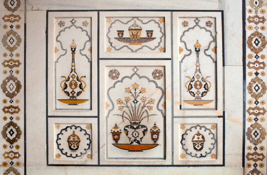Details of marble surface with stone inlay of Itimad-Ud-Daulah tomb in Agra, Uttar Pradesh, India. Also called a Jewel Box, Bachcha Taj, or Baby Taj