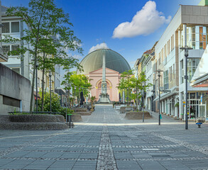 Picture on the St. Ludwig cupola church in the hessian university town Darmstadt taken from the pedestrian precinct