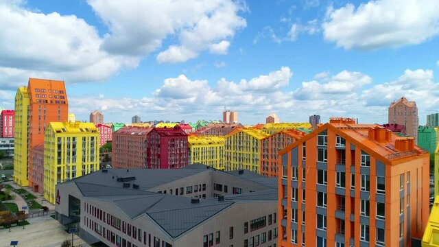 Colorful bright roofs of houses in a residential quarter of smart houses in Kyiv