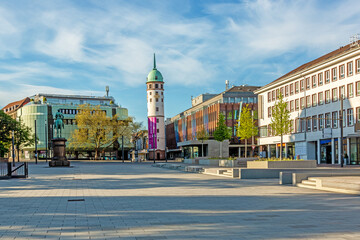 Panoramic view over the Friedensplatz to the white tower in the city center of the Hessian university town Darmstadt in Germany - obrazy, fototapety, plakaty