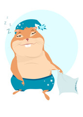 Sleepy hamster. Night illustration, mammal dreamy or dozy pet with pillow. Somnolent mascot