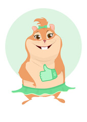 Cute and funny girl hamster. Thumbs ub. Emotional state cool. Hamster, cute and funny girl. cool mascot, pets in high emotional state. Animal giving like in big glove. Look like cheerleader