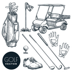 Golf club vector hand drawn icons and design elements set. Golf cart, ball, club, bag, accessories sketch illustration - 433836782