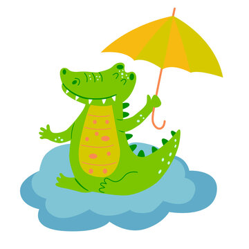 Image with cute cartoon crocodile on a blue cloud. Vector graphics on a white background. For the design of posters, postcards, notebook covers, childrens illustrations, prints for mugs