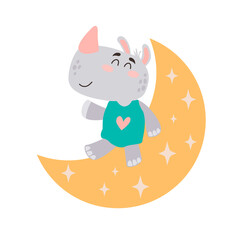 Image with cute cartoon rhino on the moon. Vector graphics on a white background. For the design of posters, postcards, notebook covers, childrens illustrations, prints for mugs