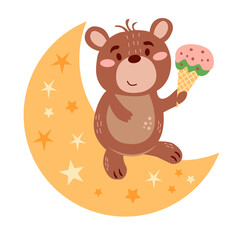 Image with cute cartoon bear with ice cream on the moon. Vector graphics on a white background. For the design of posters, postcards, notebook covers, childrens illustrations, prints for mugs