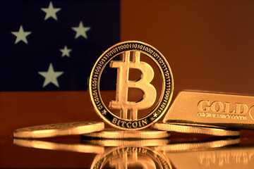 Physical version of Bitcoin, gold bar and Samoa Flag.