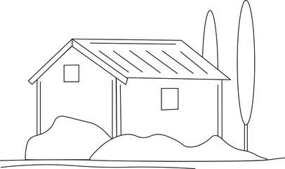 Sketch of country house, farm, farm house in line art style
