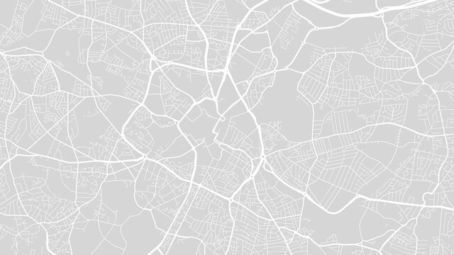 White and light grey Birmingham city area vector background map, streets and water cartography illustration.
