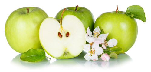 Apples fruits green apple fruit collection with leaves and blossoms isolated on a white background