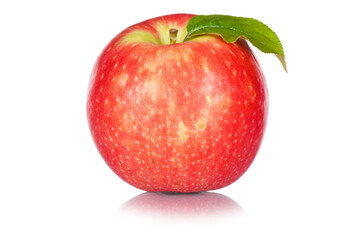 Red apple fruit with leaf isolated on a white background