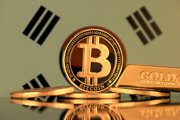 Physical version of Bitcoin, gold bar and South Korea Flag.
