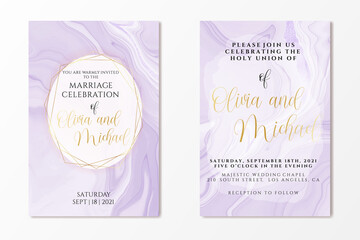 Wedding invitation template on violet liquid marble watercolor background with foil lines and frame. Pastel lavender marbled alcohol ink drawing effect. Vector illustration of romantic card design