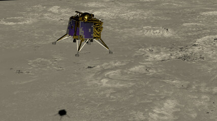 Artist depiction of the the Chandrayaan lunar mission from India. The Vikram lander decending onto the Lunar surface (3d illustration). Some elements provided by NASA. © Raymond
