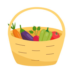 Vector illustration with a straw basket of Seasonal vegetables.  Eggplant, carrots, radishes, peppers, tomatoes. Perfect for a grocery delivery app or for advertising farm vegetables