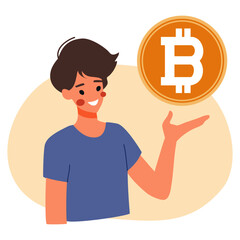 Character man happy with golden bitcoin cryptocurrency, cute, cartoon, flat, vector, illustration,