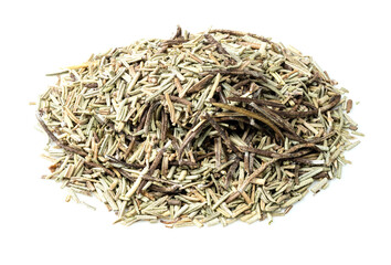 pile of dried rosemary leaves closeup on white