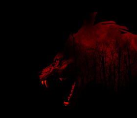 3d illustration of a Werewolf with a double exposure effect revealing moon and forest in blood red