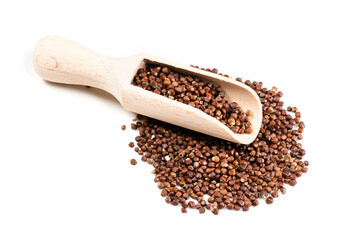 wood scoop on grains of paradise pepper on white