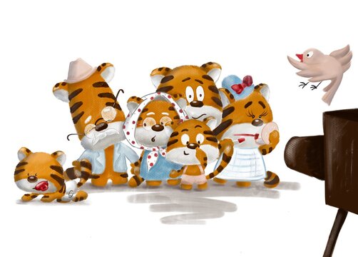 Cute tiger family portrait coloured illustration 