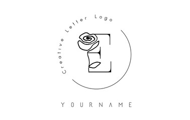 Creative initial letter E logo with lettering circle and hand drawn rose. Floral element and elegant letter E.
