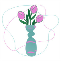 A minimalistic bouquet of tulips in a stylized vase. Pink spring flowers as a gift for mom or beloved woman. Clip-art for postcards, congratulations on the holiday. Vector isolated on white background