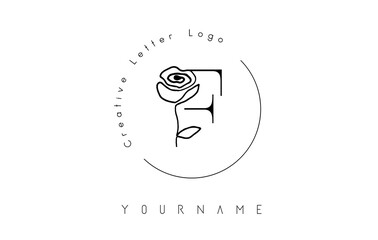 Creative initial letter F logo with lettering circle and hand drawn rose. Floral element and elegant letter F.