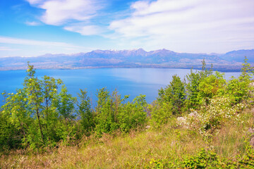Fototapeta na wymiar Montenegro. National Park Lake Skadar. Beautiful mountain landscape on sunny day. View of coast of lake Skadar
