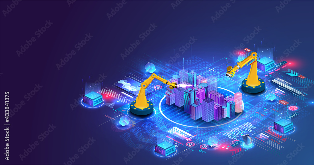 Leinwandbilder Robot with artificial intelligence create design house or home, architecture building concept. Modern building, smart city. Construction, development, architecture. Smart construction without people.