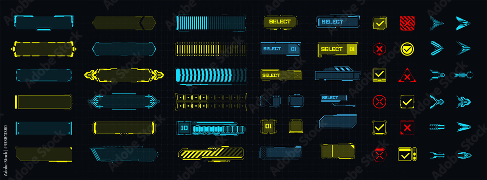 Aufkleber a template of futuristic elements for the game, button, arrow, loading. modern game design icons. di
